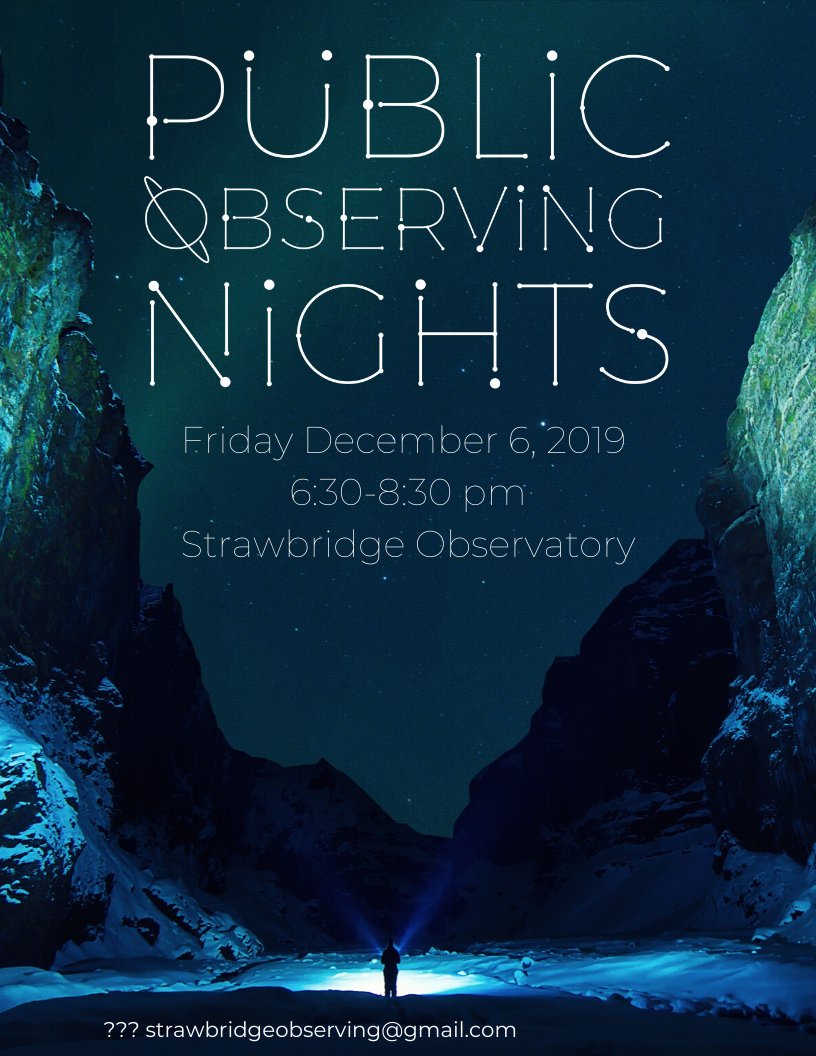 Join us Friday 6:30-8:30pm in the Strawbridge Observatory for liquid nitrogen ice cream, hot chocolate, a holiday ornament planet craft, Ask an Astronomer, cloud chamber activities, and more. Both telescopes will be open (weather permitting). The event will run rain or shine.