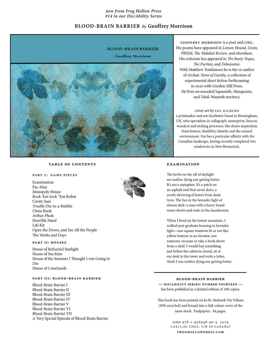 FrogHollowPress's tweet photo. “I would buy something / just before the cafeteria closed, sit at / my desk in the tower and write a letter, / think I was neither dying nor getting better.”

BLOOD-BRAIN BARRIER
Geoffrey Morrison 

Brand new in our Dis/Ability Series.

Find it here: https://t.co/EfDKzwHAyQ https://t.co/0ZdBdnExLE