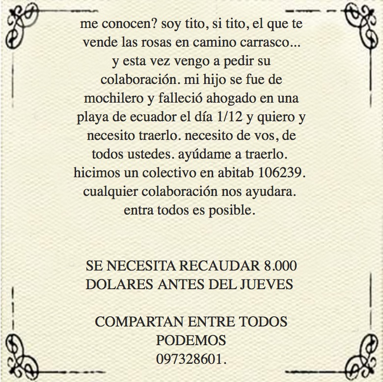 PabloMPrado's tweet photo. Posiblemente no lo conozcan si no son de la zona o no pasan por ahí, pero Tito perdió un hijo en Ecuador y necesita repatriar el cuerpo. Gracias por colaborar!
🙏 Rt 
abitab 106239. https://t.co/8AoTUz2IIQ