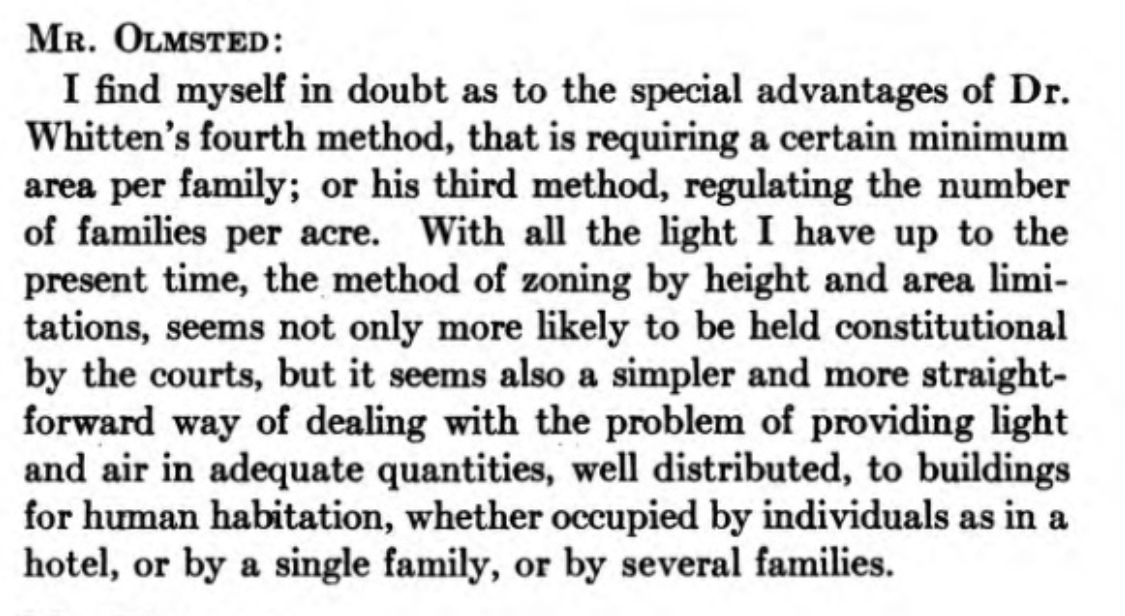 Olmsted argues that restrictions based on number of occupants won't fly in court and cities are better off regulating the shape and size of the buildings themselves.