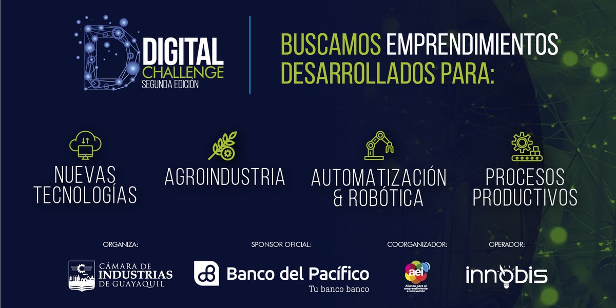 Industriasgye's tweet photo. ¡Se busca soluciones para generar una industria conectada 💻🌾🛒👥 #DigitalChallengeEc Descarga las bases en https://t.co/RKGMGkOv79 💻
Ten la oportunidad de conocer un gran centro de innovación! ✈️#Ecuador #Emprendimiento #Industrias #CIG @BancoPacificoEC @aei_ec @innobis_ec https://t.co/7Lzbai1H6X