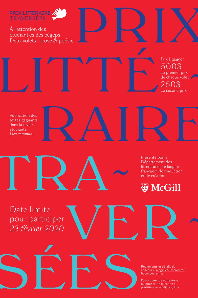 ConcoursDltc's tweet image. Le Prix Littéraire est de retour... avec un nouveau nom! 🥳Voici Traversées, présenté par le Dép. des littératures de langue française, de traduction et de création de McGill!
S&apos;adresse à tous les cégépien.ne.s #cégep #prixlittéraire. Voir: mcgill.ca/litterature/fr…