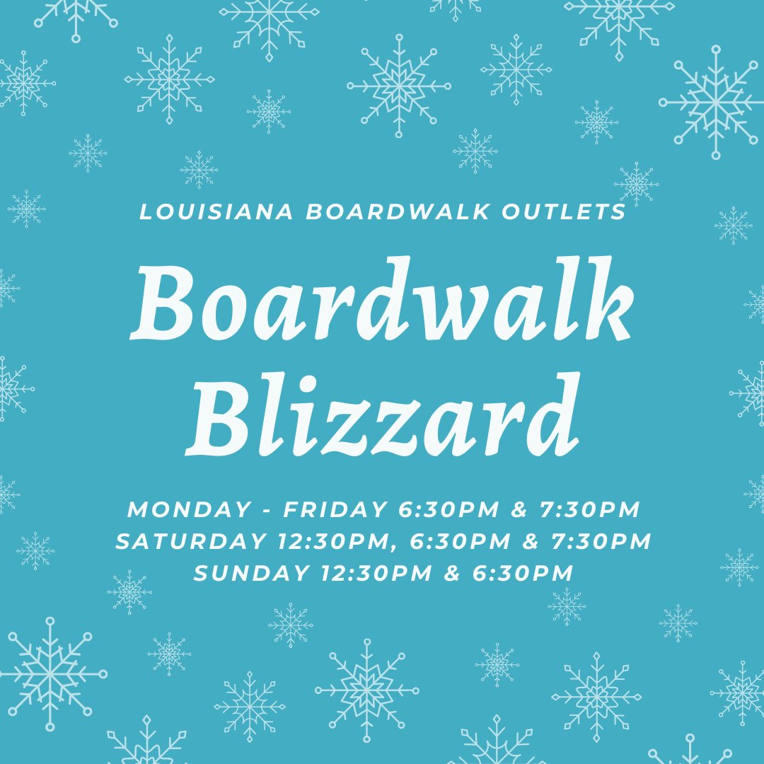 LABoardwalk's tweet image. Join us for the Boardwalk Blizzard each night, Black Friday through New Years!

Monday - Friday 6:30pm &amp;amp; 7:30pm
Saturday 12:30pm, 6:30pm &amp;amp; 7:30pm
Sunday 12:30pm &amp;amp; 6:30pm