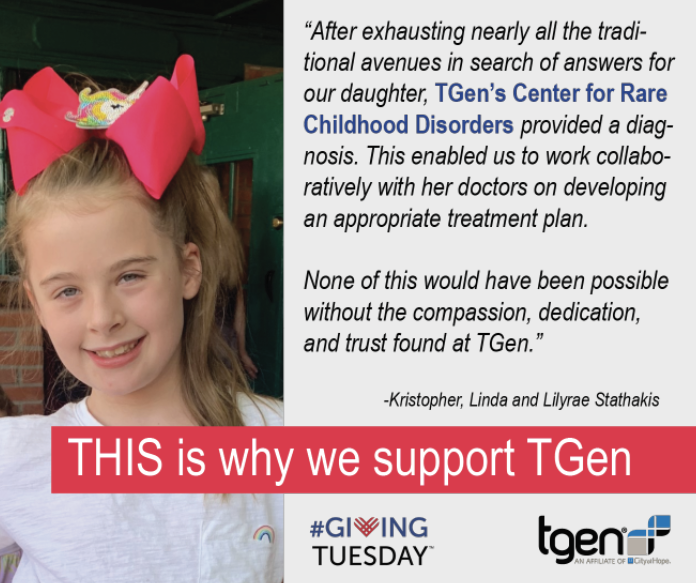 TGenResearch's tweet photo. Hear from those who know first hand what the Center for Rare Childhood Disorders can do for a family. #GivingTuesday #TGenResearch https://t.co/S2eJmrorq2