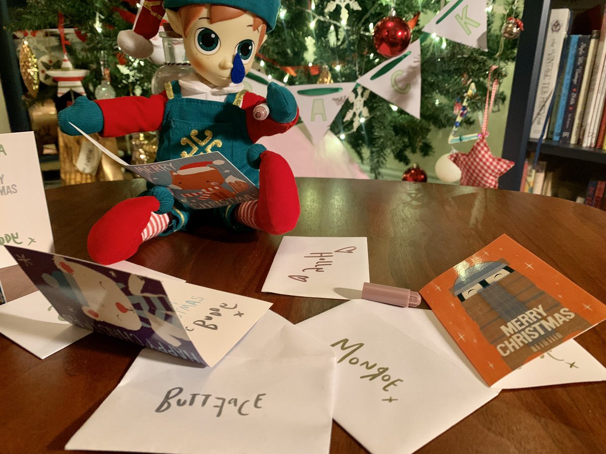 JosephineAmyP's tweet photo. Day 2 - We had some tears Buddy has been writing his Christmas cards but he is desperately missing Holly. Poor Buddy. #elfontheshelf2019 #buddytheelf #hollytheelf #whereisholly #buddyandholly2019 #elfideas #elfcards https://t.co/cK1RKouETw