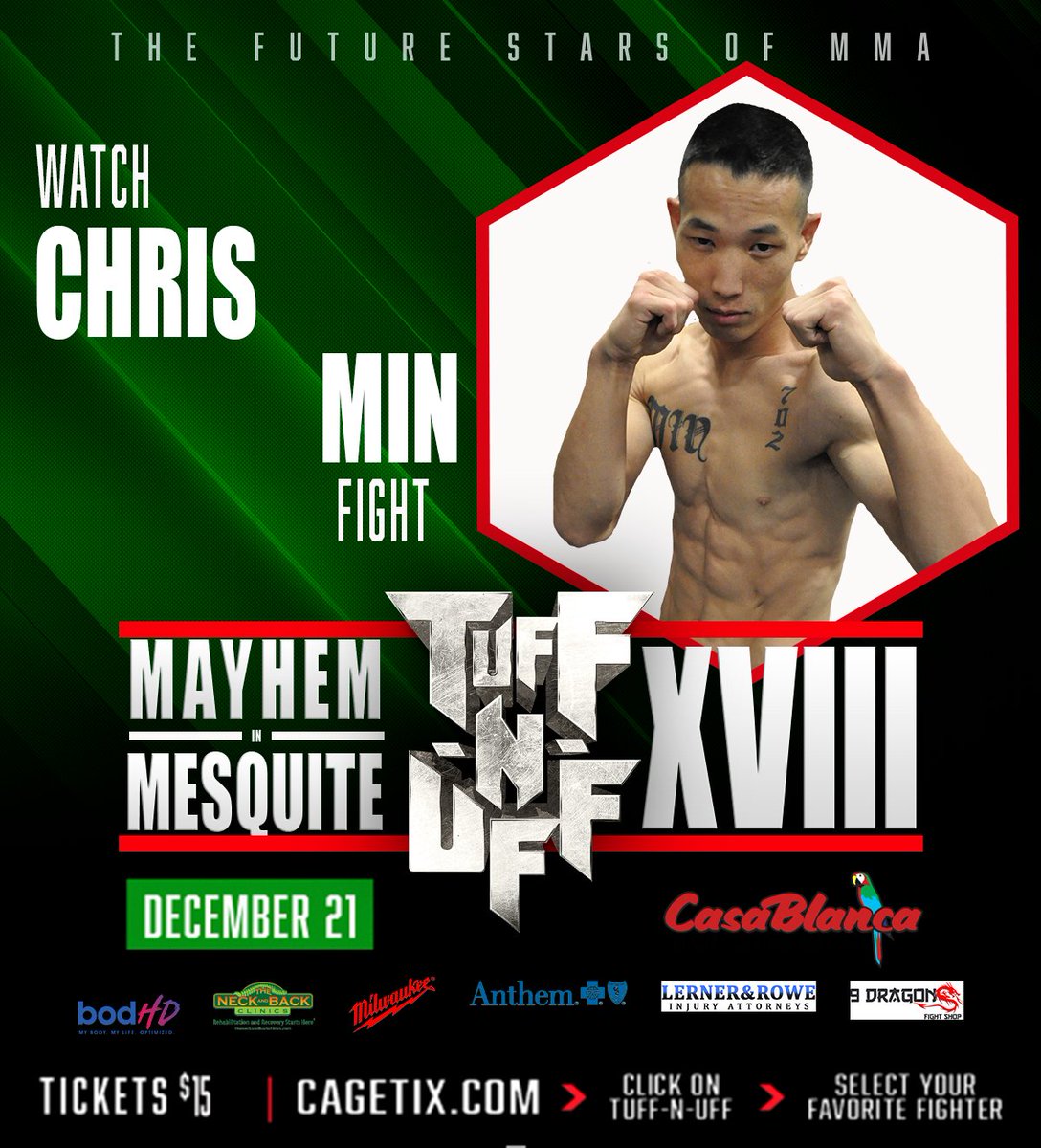 tuffnuff's tweet image. After fighting at our last event one month ago, Chris Min makes a quick turnaround for Mayhem in Mesquite XVIII. Tickets start at $15. All ages. @MesquiteHost #FutureStarsofMMA