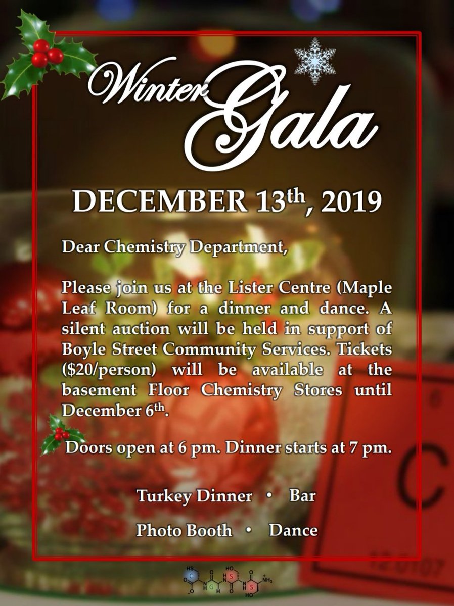 Don't forget to get your Winter Gala tickets for $20! Sale ends on Friday. We will be going around the <a href="/ualbertachem/">UAlberta Chemistry</a> department tomorrow to offer door-to-door sales.