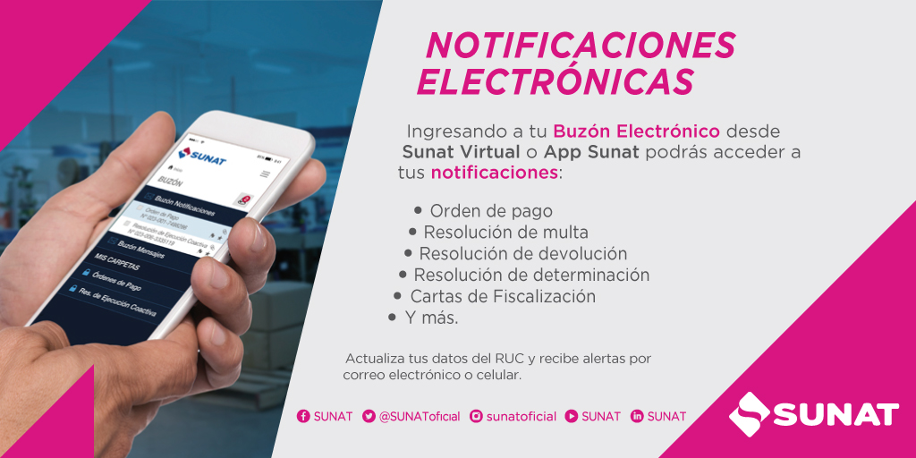 SUNATOficial's tweet photo. 📢 #SUNATcomunica que puedes acceder a #NotificacionesElectrónicas en tu buzón 📧
📲💻 Usa tu clave SOL, revísalo o recibe una alerta cuando te enviemos una notificación vía #SunatVirtual o #AppSunat.
Aquí más detalles 🖱️https://t.co/GIZU3sCPKw https://t.co/KnTjPZf0Oo