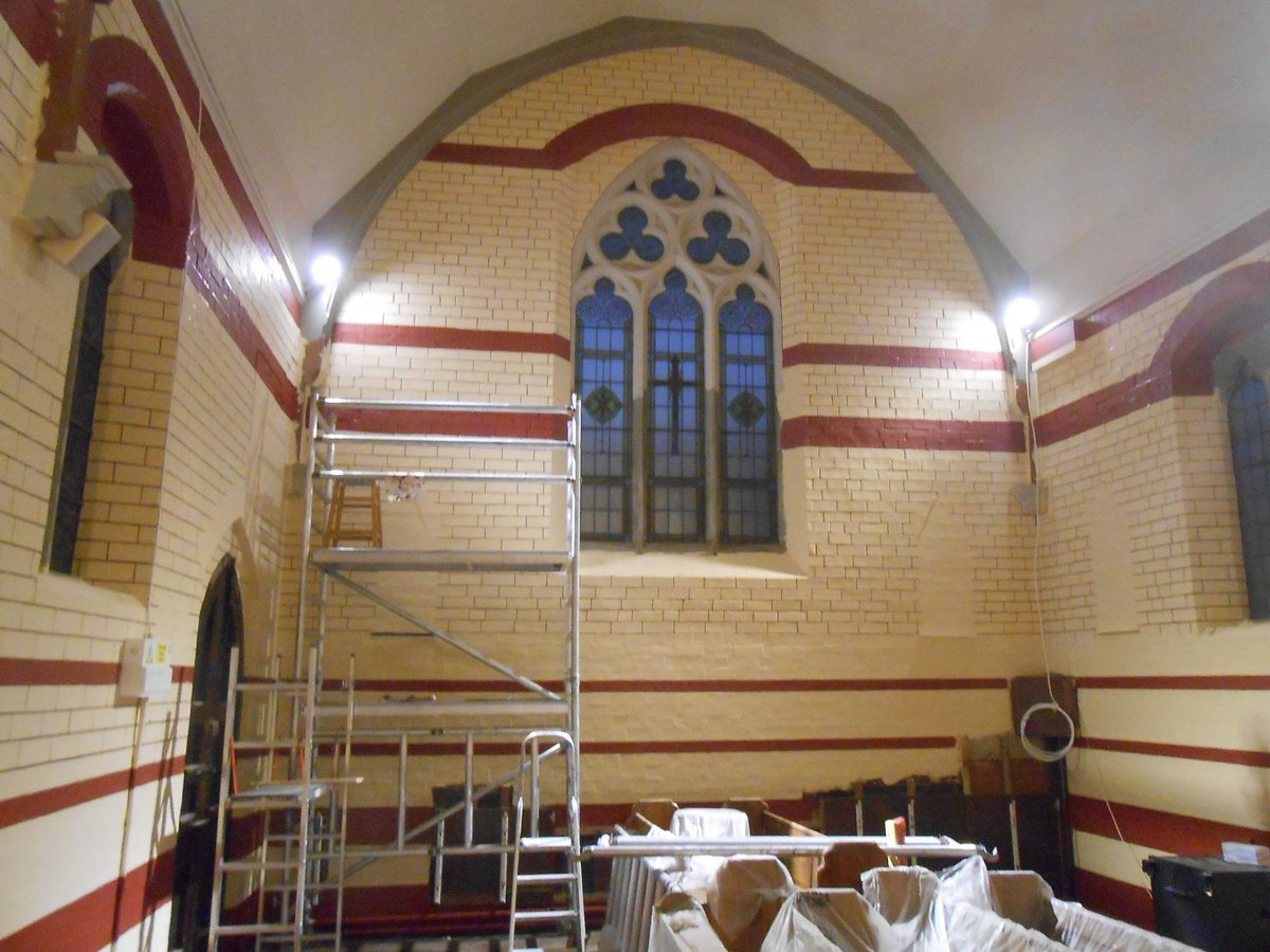 EskdaleR's tweet photo. Been quietly and stoically painting miles of mortar lines to completely restore this church interior to a former glory. #ashlar #brickwork #paintingmortar #restoration #victorian #paintanalysis #paintresearch #research https://t.co/lE1xd1By4c