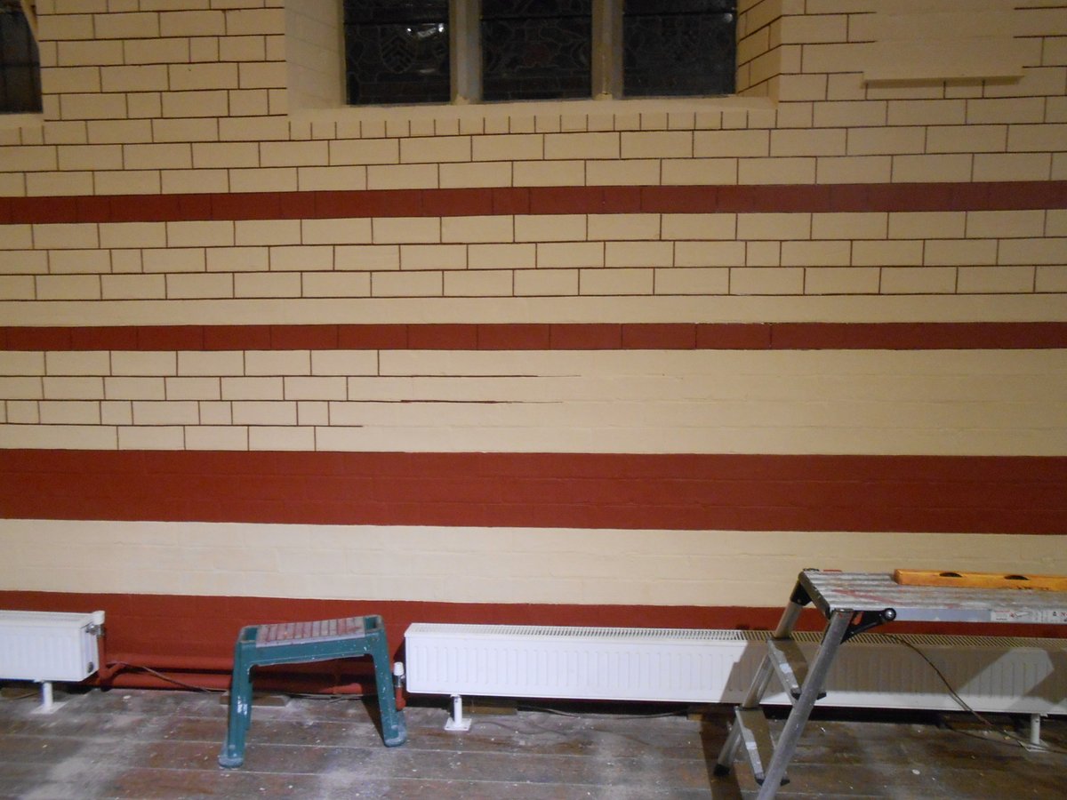 EskdaleR's tweet photo. Been quietly and stoically painting miles of mortar lines to completely restore this church interior to a former glory. #ashlar #brickwork #paintingmortar #restoration #victorian #paintanalysis #paintresearch #research https://t.co/lE1xd1By4c