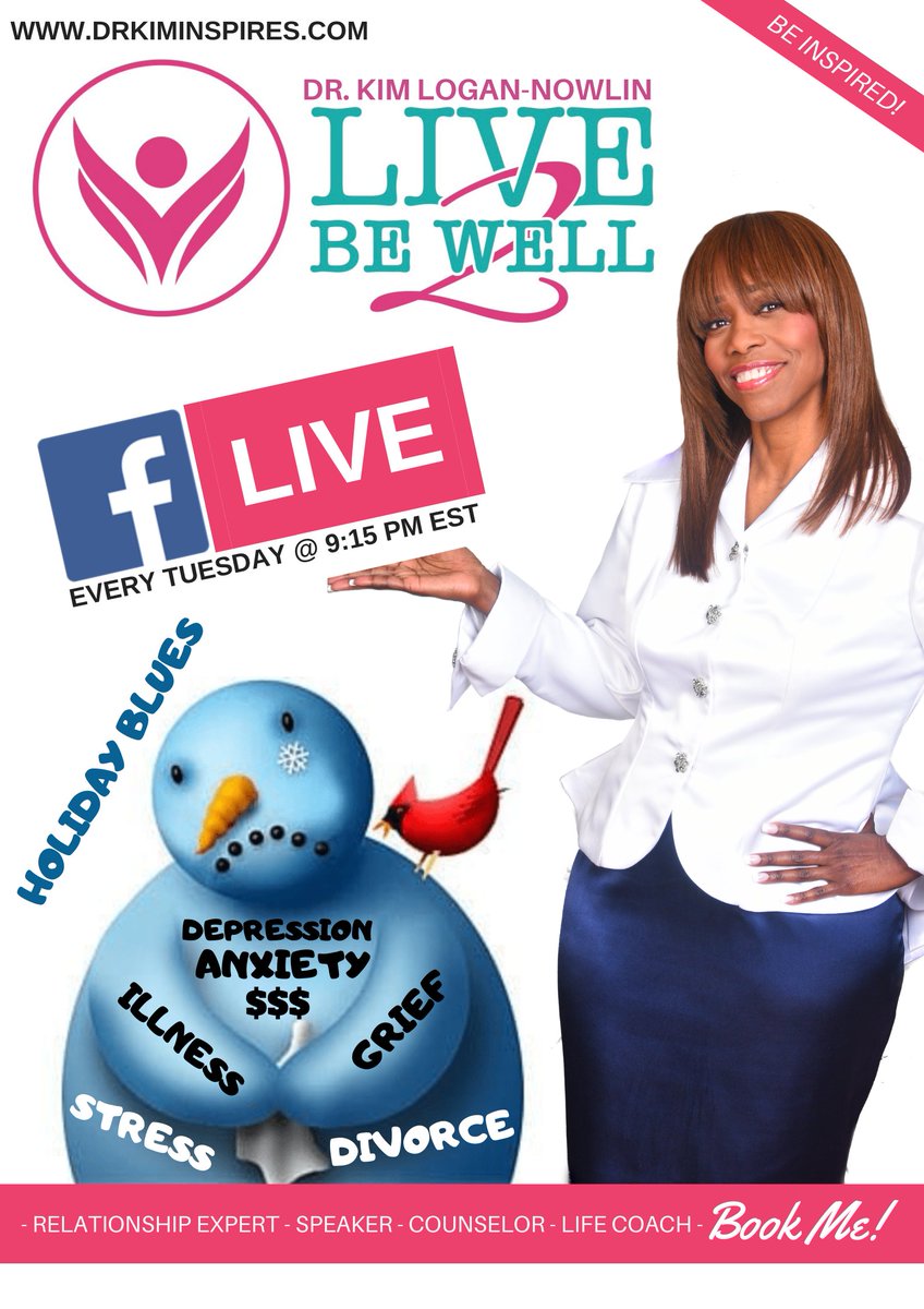 DrKimInspiresU's tweet photo. FACEBOOK LIVE w/ DR. KIM, Tuesday @ 9:15 pm est
LIVE TO BE WELL: Holiday Blues
Join Dr. Kim on her profile page: https://t.co/L8SCuP75Tn at around 9:15pm and look for the Facebook Live video post.
Dr Kim Website: https://t.co/crSYdErZoG
#LiveToBeWell #DrKim #HolidayBlues https://t.co/l1zSt4Hqfp