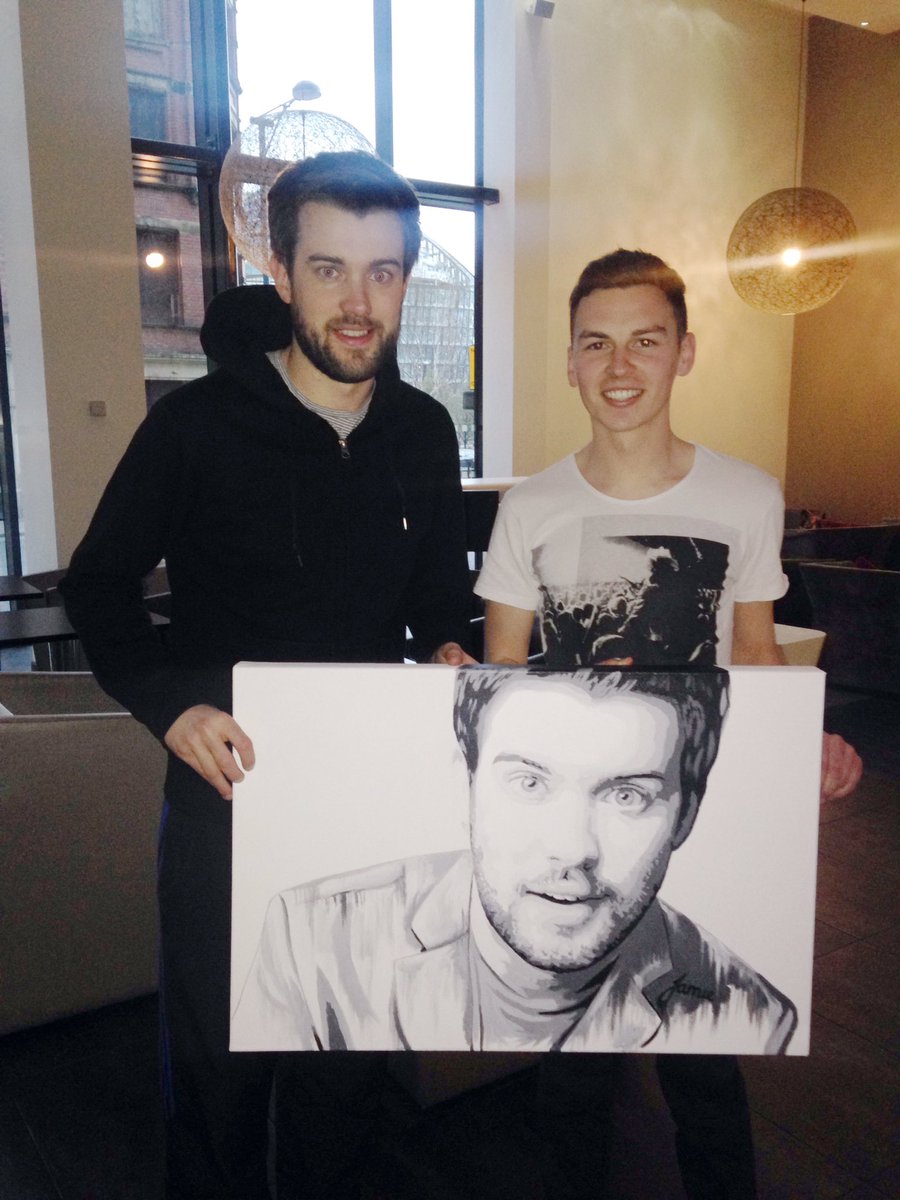 jamieart3's tweet photo. Enjoyed @BBCTheOneShow talking art with @Schafernaker and @jackwhitehall Here’s me and Jack with my artwork. 😬🎨 https://t.co/x3roLQwMgR