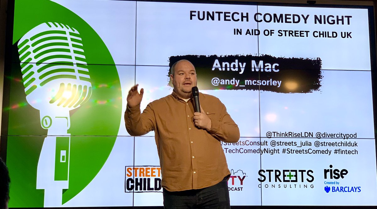 Now then! (It’s a Northern thing, he said...) Up next is <a href="/andy_mcsorley/">Andy McSorley</a> at the
#FunTechComedyNight, in collaboration with @ThinkRiseLDN <a href="/divercitypod/">DiverCity® Podcast</a> in aid of <a href="/streetchilduk/">Street Child</a> #StreetsComedy #fintech