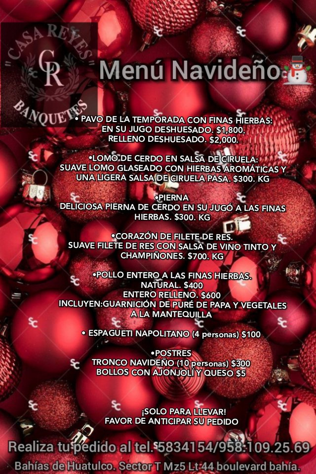 enlacedelacosta's tweet photo. #EnlaceRecomienda Disfrutar del delicioso Menú Navideño que les ofrece Casa Reyes, visitalos en Bahía de Huatulco en el Sector mzn 5 lote 44 Boulevard Bahía, también puedes realizar tu pedido al teléfono 95858 34154 o al 958 109 2569.
#FeliceaFiestas #Huatulco https://t.co/4x6yDjN45Q