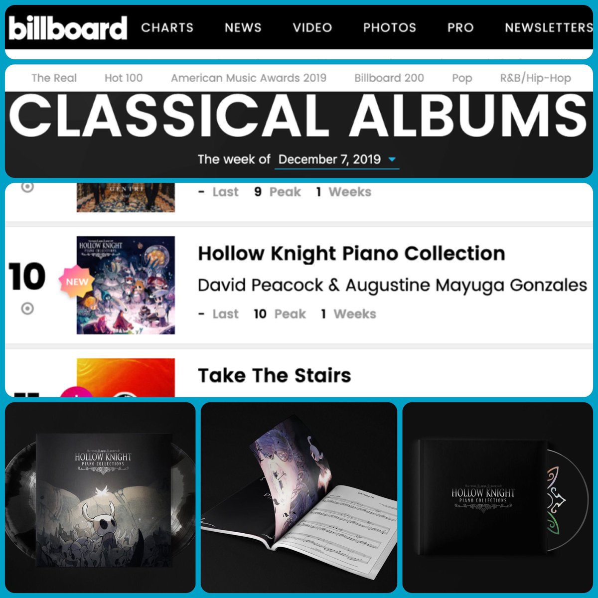 I’m excited that @DavidDPeacock and my latest album Hollow Knight Piano Collections featuring the compositions of @ComposerLarkin is #10 on the Billboard charts! @MateriaCollective materia.to/hkpianoPR
