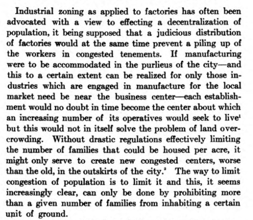 In a long and dry speech on industrial zoning, Herbert Swan argues that the purpose of industrial zoning is really tenement and "overcrowding" prevention by spreading jobs and housing out, though he argues that apartment bans will do this better.