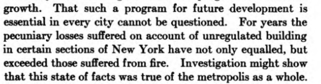 Swan argues that the financial losses in property value in "certain sections" of New York from "unregulated building" have exceeded losses from fire and probably that's true for the city as a whole. Race is not mentioned directly here.