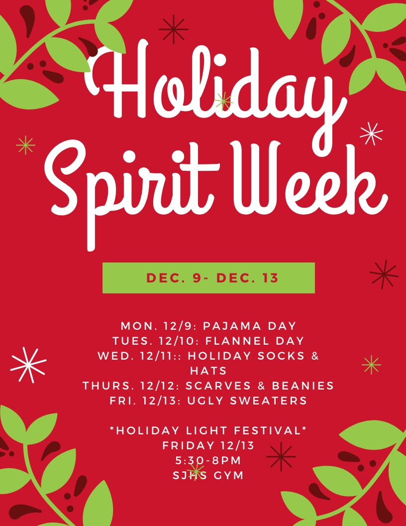 Holiday Spirit Week 12/9-12/13 <a href="/sjhs_tigers/">SJHS Tiger Athletics</a> <a href="/LinkCrewSjhs/">Link Crew SJHS</a> <a href="/SJac_Counselors/">San Jac Counselors</a>  <a href="/SanJacintoHS/">San Jacinto High</a>