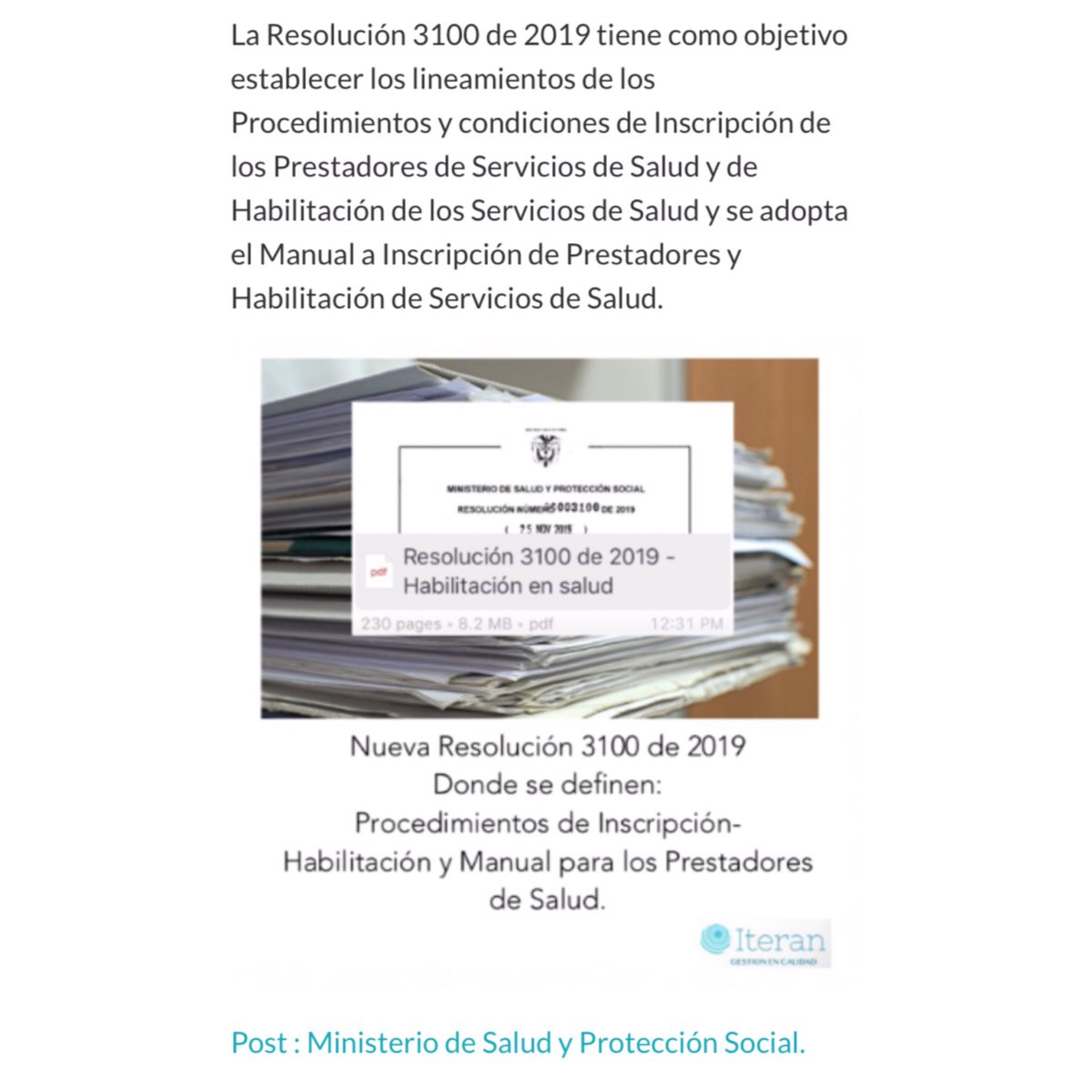 EnIteran's tweet image. Nueva Resolución 3100 de 2019. Para todos los profesionales de la Salud que quieran Habilitarse y los que ya se encuentran habilitados. .
Mas información  iteran.co . 
#iterangestionencalidad #calidad #salud #habilitacion #asesorias #capacitaciones