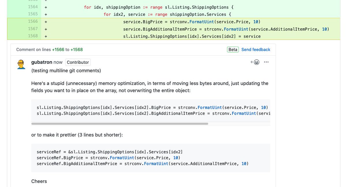 gubatron's tweet image. Github.com introduces &quot;Multi-line comments&quot;, much needed to avoid misunderstandings on what you&apos;re commenting on:

#code #collaboration #codeReviews #socialCoding