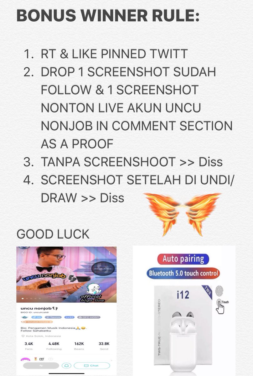 gede_vanlaere1's tweet image. 🌟🌟BONUS WINNER🌟🌟

Bagi yg punya akun Bigo live, follow and Watch uncu nonjob👣's LIVE 
👇👇
slink.bigovideo.tv/OmOSz7

Jika terpilih jd Winner Pulsa/OVO GA diatas, 
Bluetooh TWS i12 otomatis jadi bonus hadiah kalian  

LAMBUNGKAN..!!

GOOD LUCK 💥