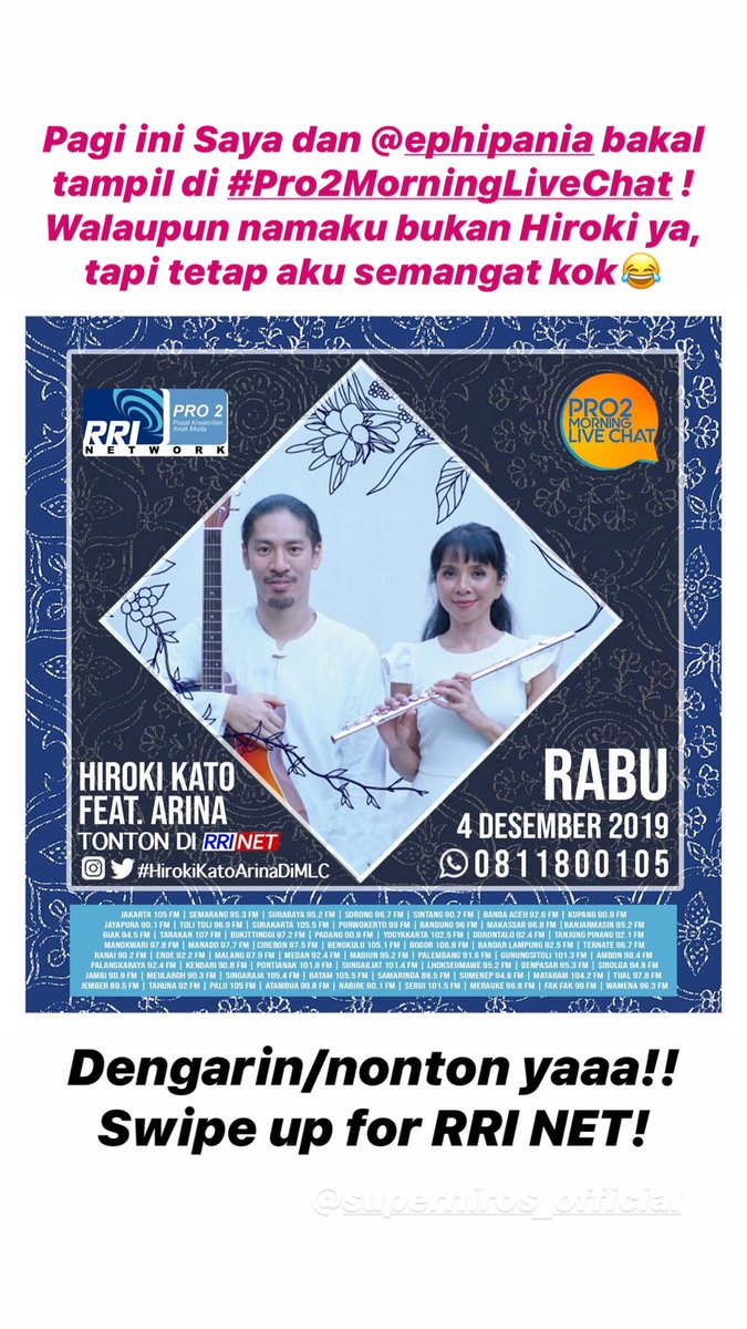 hiroakikato39's tweet photo. Pagi ini jam 9 interview and live at Pro 2 FM RRI NETWORK!
今日はインドネシア全国に支局を持つラジオ局「Pro2 RRI NET」さんでインタビューとライブ!インドネシア時間9:00から!是非、ご覧下さい!
#Pro2MorningLiveChat
#RRINET
https://t.co/3npQvTNSGu https://t.co/v4fboJWeIi