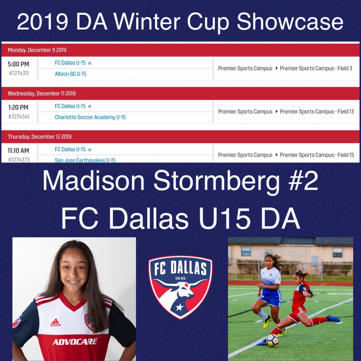Madison Stormberg (@madiestormberg) on Twitter photo Less than a week away from the US Development Academy Winter Showcase in Florida. Looking forward to playing against some great competition. <a href="/FCDallas/">FC Dallas</a> <a href="/FCDallasYouth/">FC Dallas Youth</a> @FCDwomen <a href="/mattgrubb16/">Matt Grubb</a> #FCD05GDA Less than a week away from the US Development Academy Winter Showcase in Florida. Looking forward to playing against some great competition. <a href="/FCDallas/">FC Dallas</a> <a href="/FCDallasYouth/">FC Dallas Youth</a> @FCDwomen <a href="/mattgrubb16/">Matt Grubb</a> #FCD05GDA
