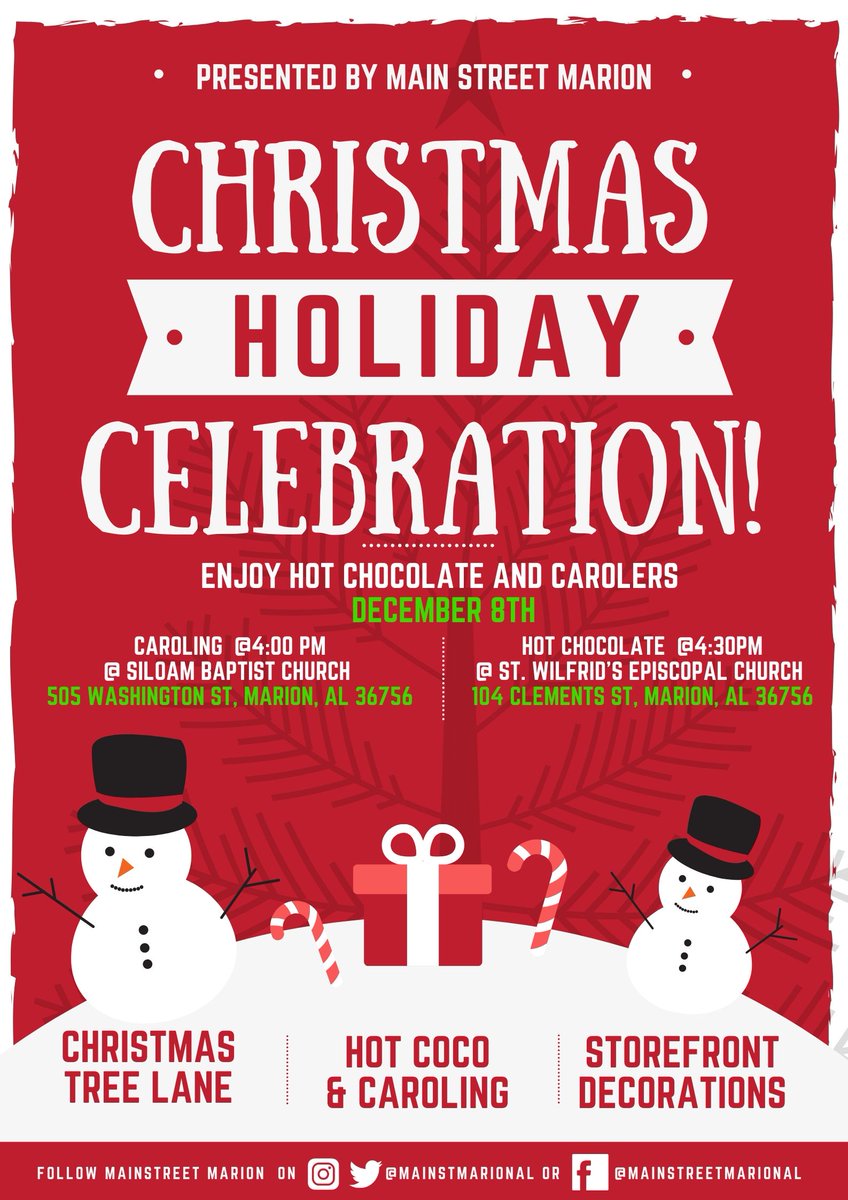 It's Christmas season in Marion! Join Main Street Marion on December 8th for hot chocolate and carolers at Siloam Baptist  and St. Wilfrid's Episcopal. Also, don't forget to check out Christmas Tree Lane and the Storefront Decorations #HolidaySeason #MoveMarionForward #OneMarion