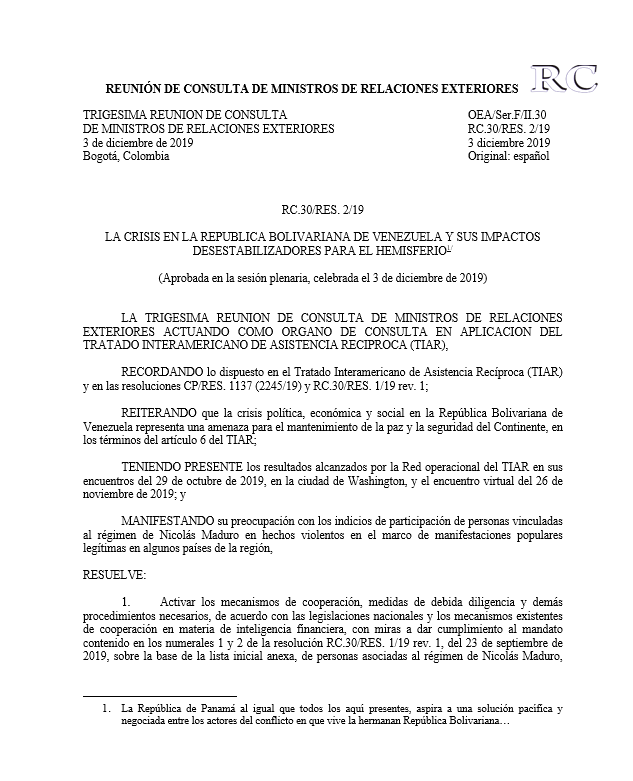 OEA_oficial's tweet photo. RESOLUCIÓN | La Crisis en la República Bolivariana de #Venezuela y sus Impactos desestabilizadores para el Hemisferio. @CancilleriaCol

(Aprobada por la 30 Reunión de Ministros de Relaciones Exteriores de Estados parte del #TIAR el 3 de diciembre de 2019)

https://t.co/uA7mXePyYn https://t.co/G0DT65vqUV