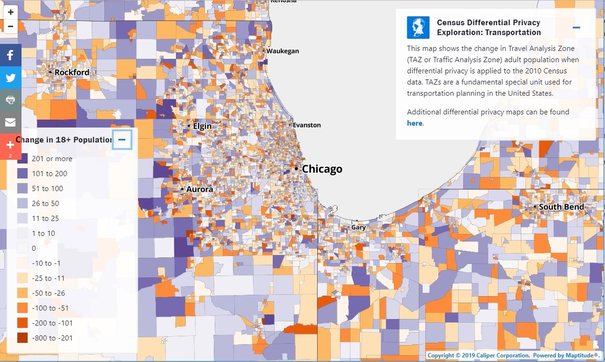 via @maptitude To help people understand the possible effects [of #DifferentialPrivacy] @USCensusBureau released an alternative version of the 2010 headcount. caliper.com/census-differe… This third map makes it clear... [counts] would be quite different.