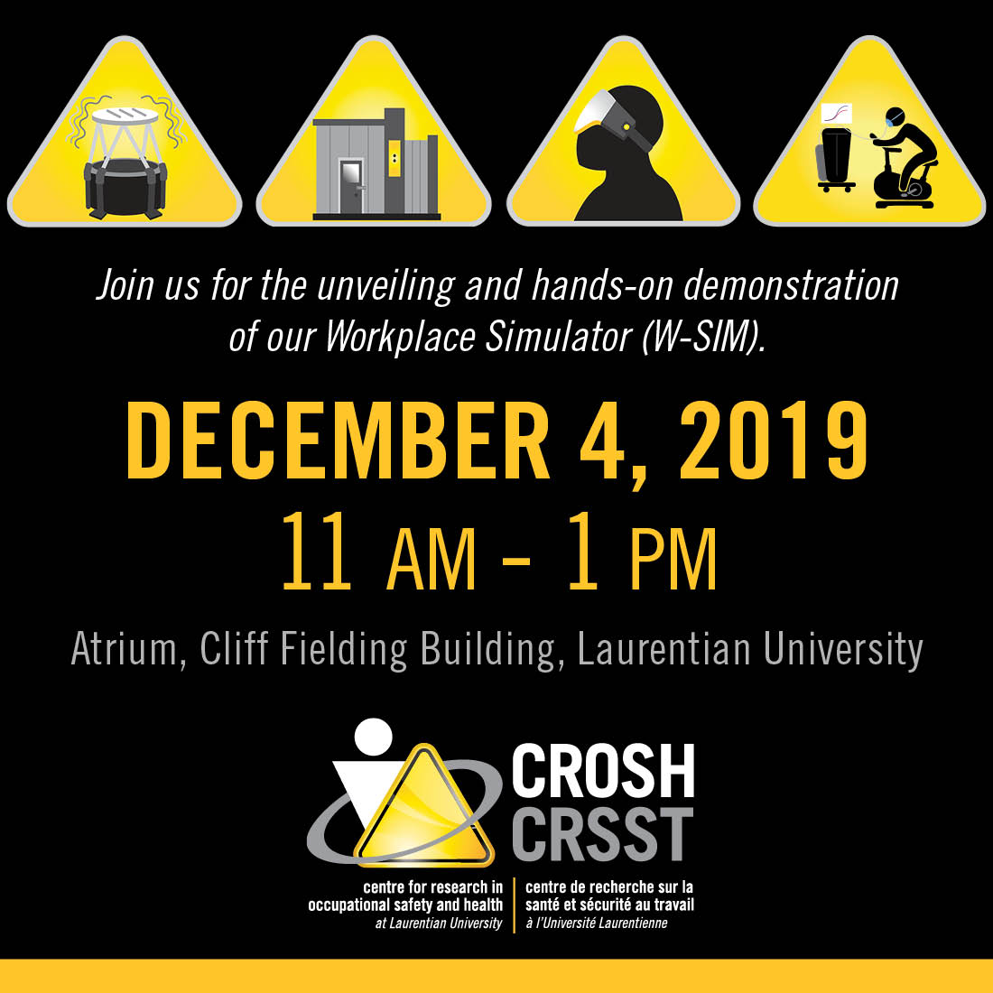CROSH_CRSST's tweet photo. Tomorrow is the big day! Join us 11am - 1pm @LaurentianU for our Workplace Simulator Open House. We can't wait to show you what we're capable of!
#WSIM #PreventionThroughResearch https://t.co/jkID7cmnSz