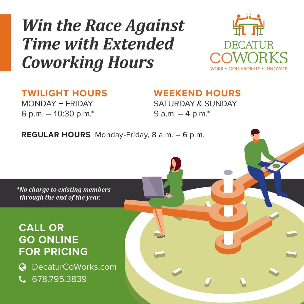 DecaturCoworks's tweet image. Productivity doesn't just happen during normal business hours. Try our twilight and weekend hours on for size!  #DecaturCoWorks #Coworking #DecaturOfficeSpace #Productivity