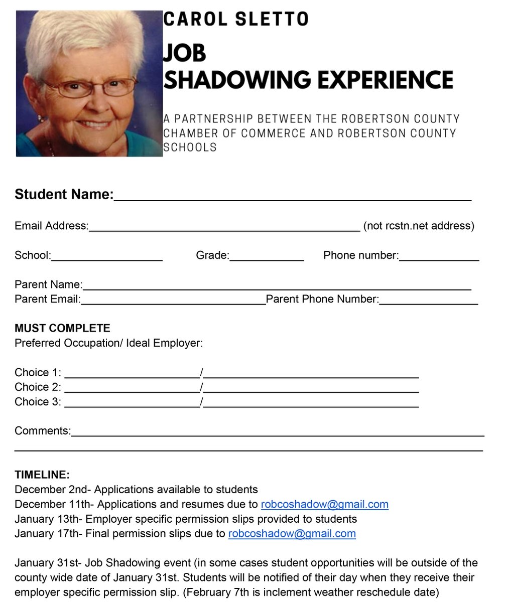 Robertson County Job Shadowing applications are open! Juniors and Seniors are eligible to participate and must send an application and resume to robcoshadow@gmail.com by Dec. 11th. <a href="/RobCoSchools/">Robertson County Schools</a>