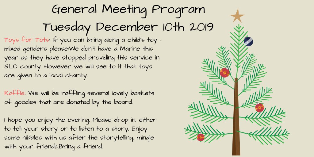 SLONightWriter's tweet image. This month's meeting is going to be filled with so much holiday joy! Come listen to Christmas stories, partake in our wonderful raffle, eat our delicious snacks and please, bring a toy for a tot. 💕 #slonightwriters #christmas #keepwriting #dontmissthis