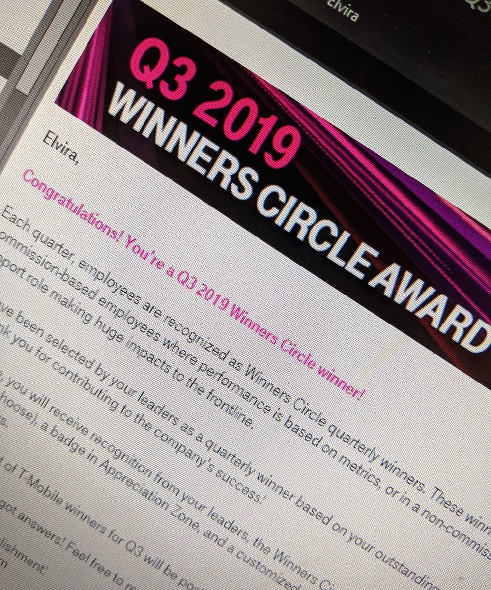 ElviraDeCuir's tweet photo. Super excited about winning Q3 2019 Winners Circle Award!! It's always nice to receive recognition when you are in a non-commission-based role! I love what I do for our sales teams & customers! #SAMsRule @TMobileBusiness https://t.co/pOkcnuZLKR