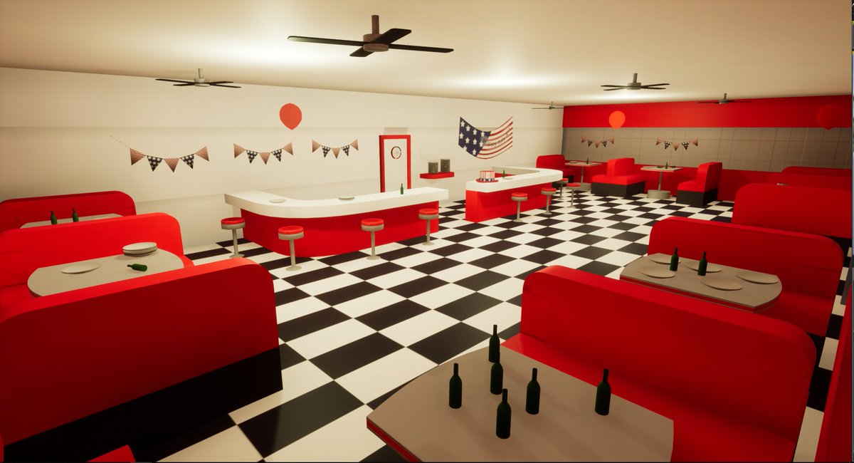 Since I've been sharing it kind of everywhere, here is (a shot of) the diorama I half assed in a few weeks (ported in Unreal). It's a 50s diner post July 4th celebrations
#Maya #3D #lowpoly #UnrealEngine #3Ddiorama