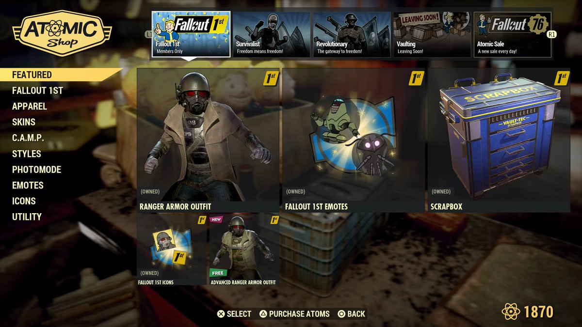 ApocalypticAri1's tweet photo. New in the Atomic Shop:
Fallout 1st: Advanced Ranger Outfit
Freebie: Cornflower Blue Wallpaper
Free States items return, as well https://t.co/eJMbsG63IR