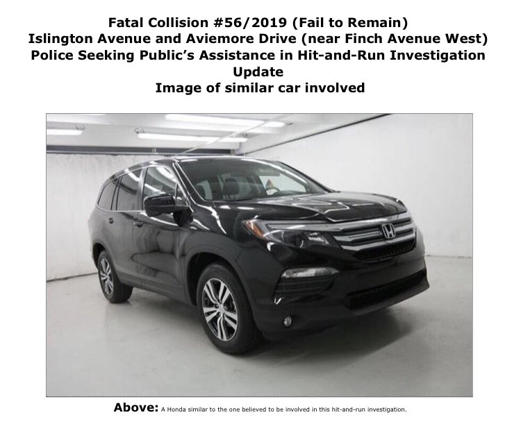 TrafficServices's tweet image. Update to Fatal hit and run collision that happened at Islington and Aviemore Dr.  Suspect Vehicle make released by @TrafficServices investigators.  If you have information contact @1800222TIPS ^bm torontopolice.on.ca/newsreleases/4… Chief @marksaunderstps @cityoftoronto @TPScott_baptist
