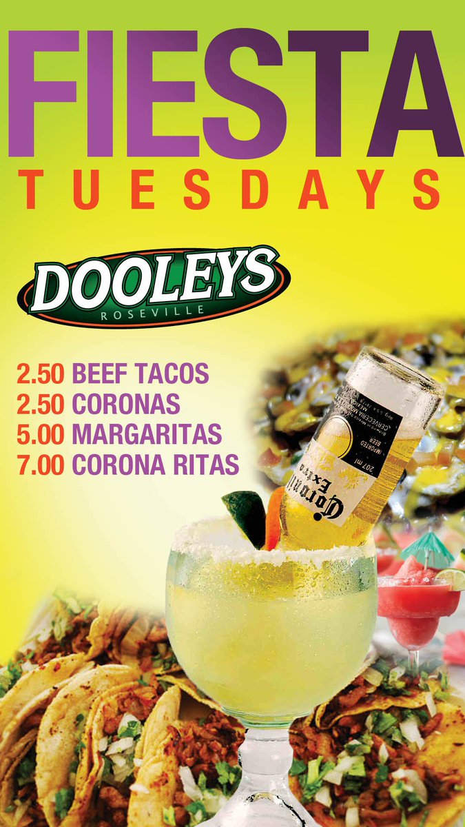DooleysRosevl's tweet photo. Tuesdays! $2/$2.50 Tacos | $2.50 Corona | $5 Lunazual Margarita | $7.50 Coronarita | Half off Pizza’s #Margarita #lunazul #Tequila #Corona https://t.co/uiWva1HFWB