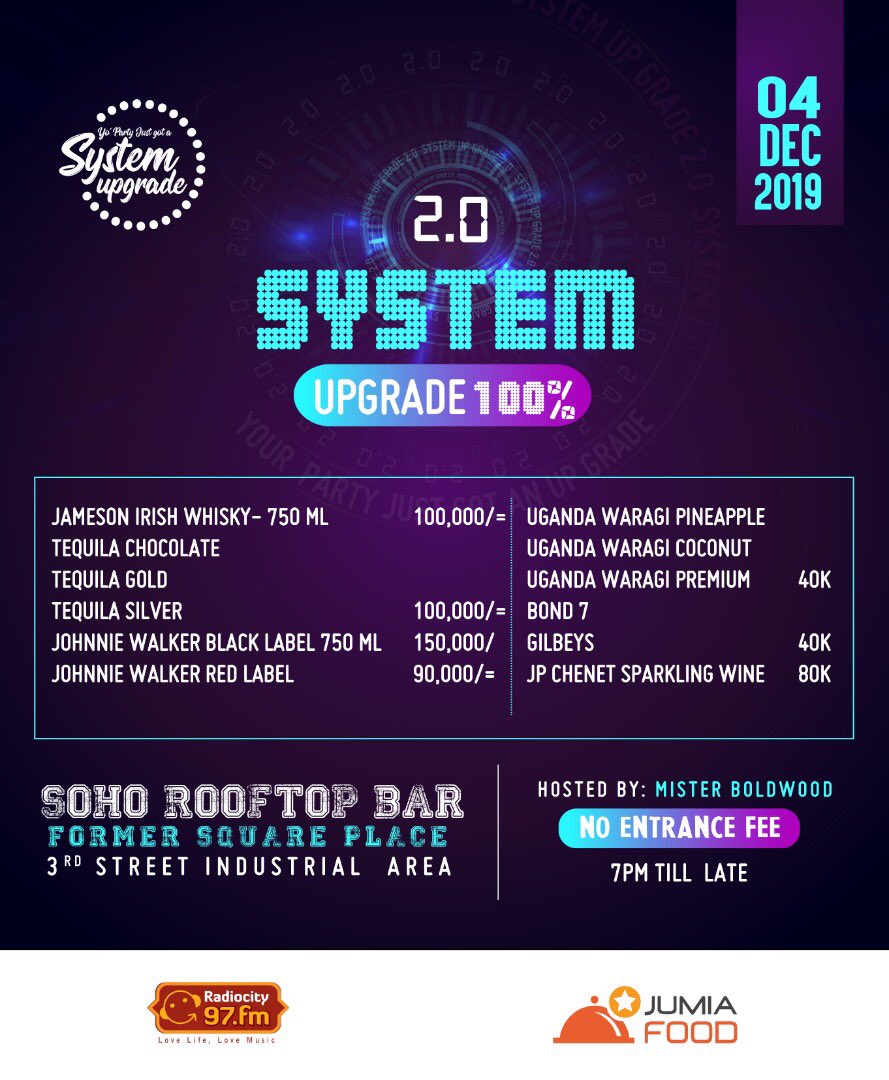 SystemUpgradeUg's tweet photo. Done waited for the Price List to plan your turn up well , Here we go for the #SystemUpgrade Bar Prices, 
Peep that Tequila at 100k
Jameson at 100k.
Discounts you won’t beat today when it comes to the real enjoyments .
Courtesy of @JumiaFoodUG https://t.co/drbTFF2HYi