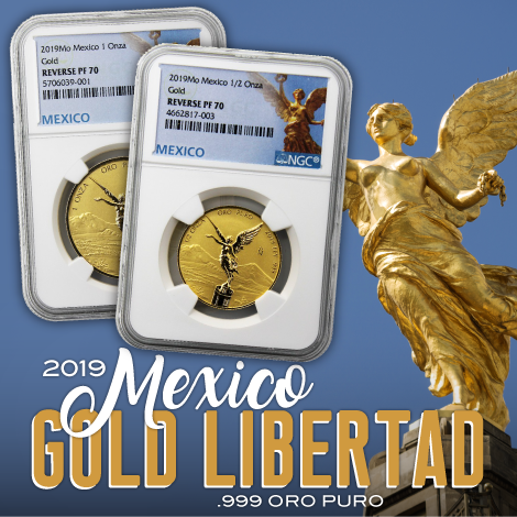 TheCoinVault's tweet image. ¡Viva la Libertad! Shop the link today to secure these 2019 Reverse Proof Gold Mexico Libertads in a PF70 condition by NGC! There are limited quantities for both the 1 Onza and 1/2 Onza, so grab them up before they hit the air! bit.ly/2DLoBCQ #GoldLibertads #ReverseProof