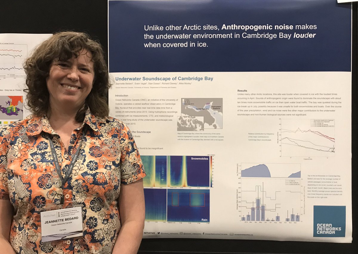 Ocean_Networks's tweet photo. Donโt miss Jeannette Bedardโs poster #75, illustrating why anthropogenic noise makes #CambridgeBayโs underwater environment louder when covered in #seaice. #ASM2019 #ArcticNet #underwaternoise https://t.co/qO23Na0m0X