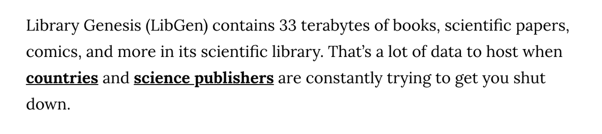 Libgen es el "proyecto pirata" más importante del mundo. Más de 33 terabytes de papers y libros científicos. Increíble la energía de tanta gente para mantenerlo vivo: vice.com/en_us/article/…