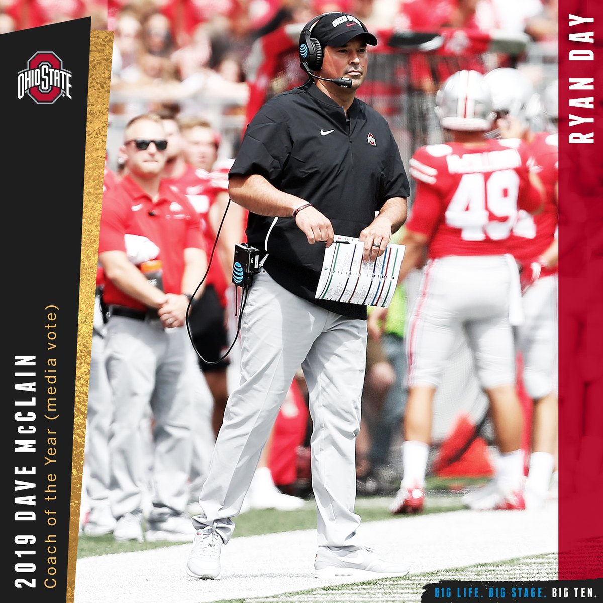B1Gfootball's tweet photo. Ryan Day of @OhioStateFB named 2019 #B1GFootball Dave McClain Coach of the Year as selected by conference media. https://t.co/I2HJn0eMLp