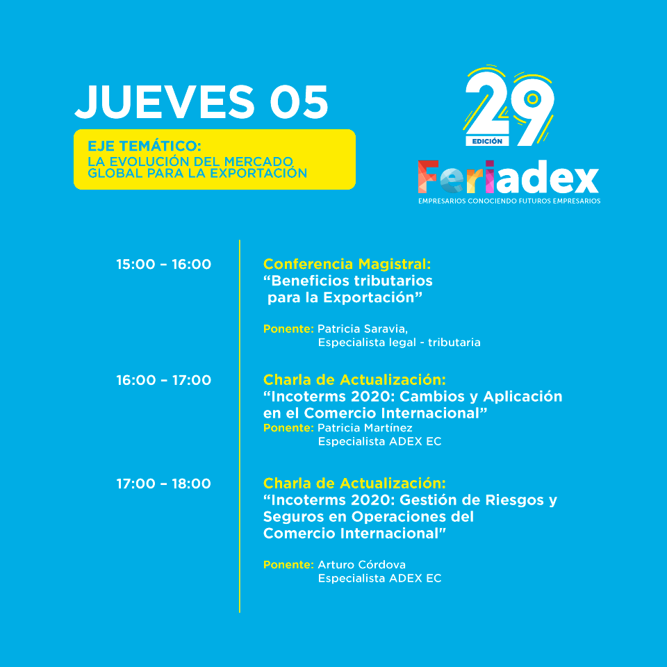 ADEX_PERU's tweet photo. #IngresoLIbre || #Conoce más sobre #exportación, #emprendimiento e #incoterms en las conferencia magistrales de #FeriAdex. Visítanos del 5 al 7 de diciembre en Av. Javier Prado Este 2875, San Borja.
Inscripciones: 👉 https://t.co/8Ow1u5DyMx https://t.co/FY9icRTcA4