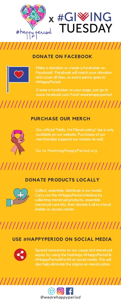 #GivingTuesday. This year I’m donating to @WEAREHAPPYPERIOD. Make a donation or create a fundraiser on Facebook to support! Facebook is matching donations starting at 5am PST/8am EST on Dec 3rd. 100% of your donation goes to @WEAREHAPPYPERIOD !