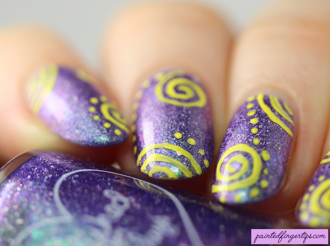 I felt like some simple freehand nail art - spirals over a gorgeously shifty <a href="/polishedfordays/">Polished For Days</a> base! More details are at paintedfingertips.com/2019/12/yellow… #nailart