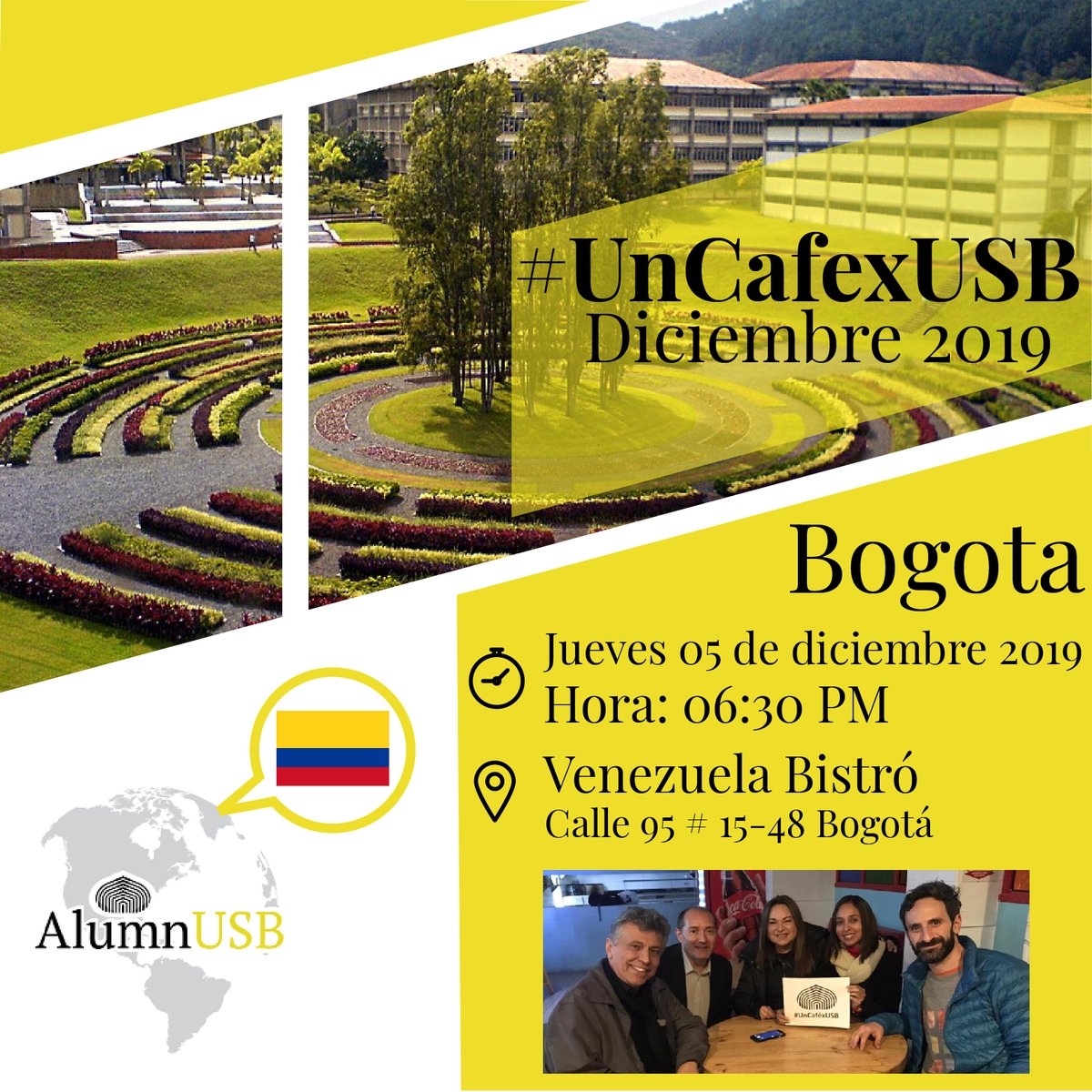 Alumn_USB's tweet photo. Nos alegra invitarlos al último #UnCafexUSB del 2019 en Bogotá​!

Queremos que nos acompañen el próximo jueves 5 de diciembre para que sigamos aportando a nuestra #USBve y celebremos las fiestas decembrinas.

¿No puedes asistir? realiza tu aporte en https://t.co/OJbPUOQ7Ri https://t.co/fOIsiDC4l8