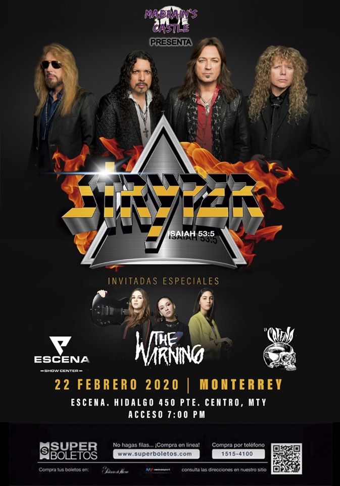 Escena_Mty's tweet photo. @Stryper en #EscenaMty Sábado 22 de febrero - Special guest @TheWarningBand2 Entradas en #Superboletos y en nuestra taquilla: VIP/$1,199  Preferente/$899  General/$699 YA TENEMOS ENTREGA A DOMICILIO Info x whatsapp 81 27327035 https://t.co/fUxotgtecH