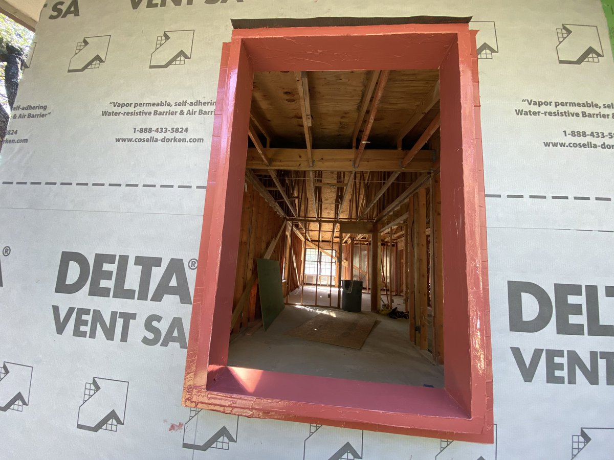 MattRisinger's tweet photo. OUTIE window for exterior insulation. 2x8’s to form the window buck, @DorkenSystems Delta Vent SA and then did the tricky flashing detail with @PROSOCO Fast Flash. Stay tuned for a future #buildshow video on this whole set up. https://t.co/ISCzPyvfsN